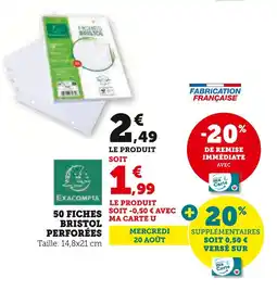 Hyper U EXACOMPTA 50 fiches bristol perforées offre