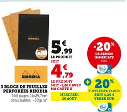 Hyper U Rhodia 3 blocs de feuilles perforées offre