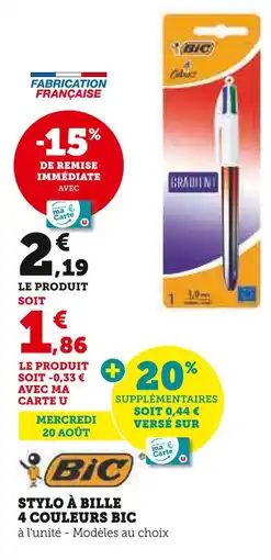 Hyper U BIC Stylo à bille 4 couleurs offre