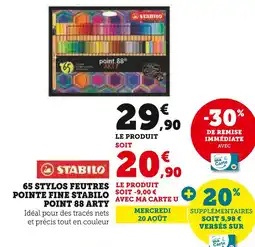 Hyper U STABILO 65 stylos feutres pointe fine Point 88 Arty offre