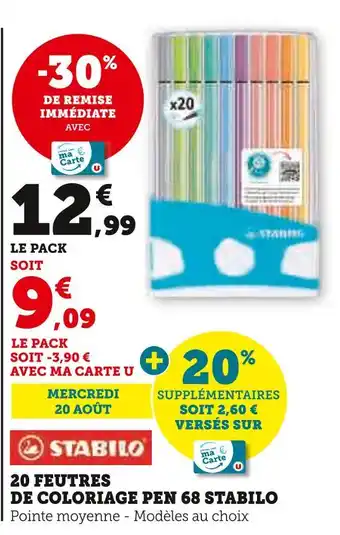 Hyper U Stabilo 20 FEUTRES DE COLORIAGE PEN 68 offre