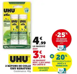 Hyper U UHU 2 bâtons de colle renature offre