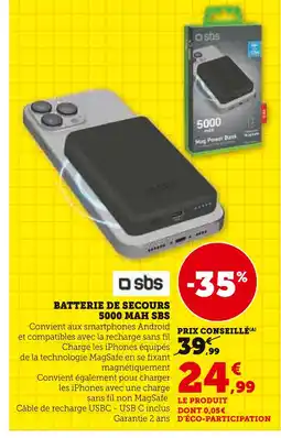 Hyper U SBS Batterie de secours 5000 mAh offre
