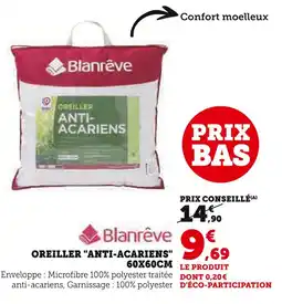 Hyper U BLANRÊVE Oreiller anti-acariens 60x60cm offre