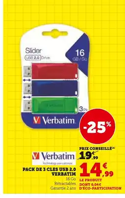 Hyper U Verbatim Pack de 3 clés USB 2.0 offre