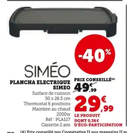 Hyper U SIMÉO Plancha électrique offre