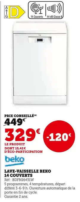 Hyper U Beko Lave-vaisselle 14 couverts offre