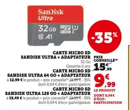 Hyper U SANDISK Carte micro sd sandisk ultra + adaptateur offre
