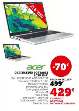 Hyper U ACER Ordinateur portable Acer 15,6 offre