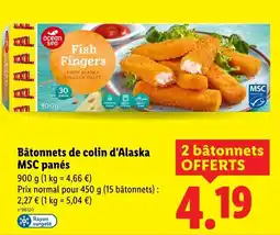 Lidl OCEAN SEA Bâtonnets de colin d'alaska msc panés offre