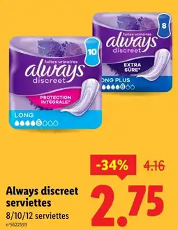 Lidl Always discreet serviettes offre