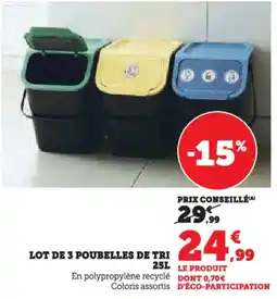 Hyper U Lot de 3 poubelles de tri offre