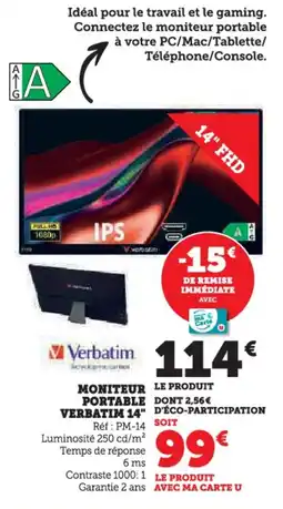 Hyper U Moniteur portable verbatim 14 offre
