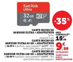 Hyper U Carte micro sd sandisk ultra + adaptateur offre