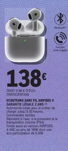 E.Leclerc Espace Culturel Ecouteurs sans fil airpods 4 offre