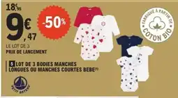 E.Leclerc Lot de 3 bodies manches longues ou manches courtes bebe offre