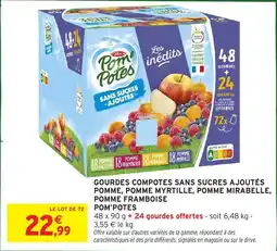 Intermarché Gourdes compotes sans sucres ajoutés pomme, pomme myrtille, pomme mirabelle, pomme framboise pom'potes offre