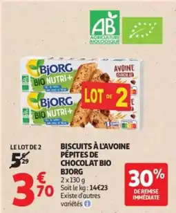 Auchan Supermarché BISCUITS À L'AVOINE PÉPITES DE CHOCOLAT BIO BJORG offre