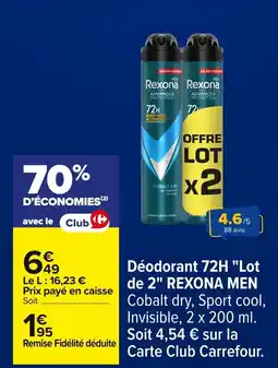 Carrefour REXONA MEN Déodorant 72H Lot de 2 offre