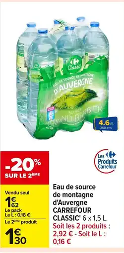 Carrefour CARREFOUR CLASSIC Eau de source de montagne d'Auvergne offre