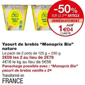Monoprix Monoprix bio yaourt de brebis nature offre