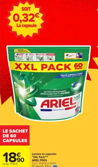 Carrefour Lessive en capsules "xxl pack" ariel pods offre