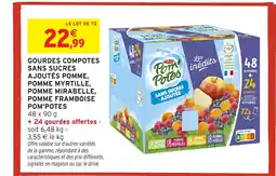 Intermarché Hyper POM POTES Gourdes compotes sans sucres ajoutés pomme, pomme myrtille pomme mirabelle pomme framboise offre