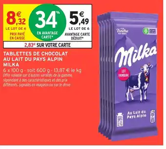 Intermarché Hyper MILKA Tablettes de chocolat au lait du pays alpin offre