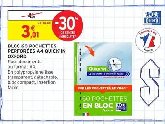 Intermarché Hyper OXFORD Bloc 60 pochettes perforées a4 quick'in offre