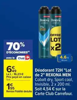 Carrefour Déodorant 72H Lot de 2 REXONA MEN offre