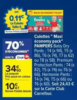 Carrefour Culottes Maxi économie pack PAMPERS offre
