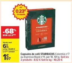 Carrefour Capsules de café STARBUCKS Colombia n°7 ou Espresso Roast n°11 offre