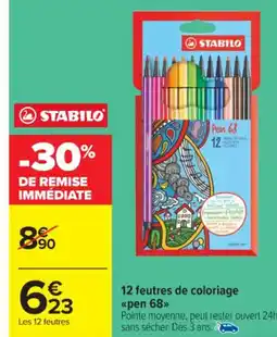 Carrefour Market STABILO 12 feutres de coloriage pen 68 offre