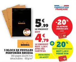 Bi1 RHODIA 3 blocs de feuilles carte bil perforées offre