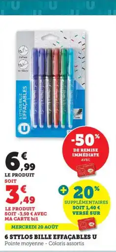 Bi1 U 6 stylos bille effacables offre