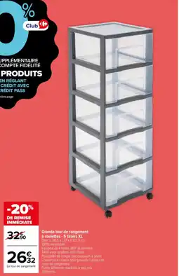 Carrefour Grande tour de rangement à roulettes 5 tiroirs xl offre
