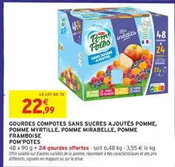 Intermarché Contact POM'POTES Gourdes compotes sans sucres ajoutés pomme, pomme myrtille, pomme mirabelle, pomme framboise offre