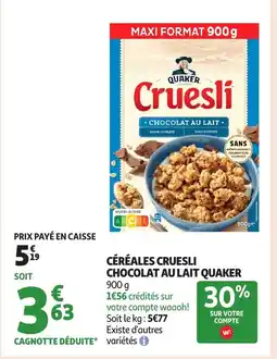Auchan QUAKER Céréales cruesli chocolat au lait offre