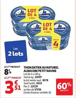Auchan PETIT NAVIRE Thon entier au naturel albacore offre