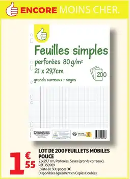 Auchan Lot de 200 feuillets mobiles pouce offre