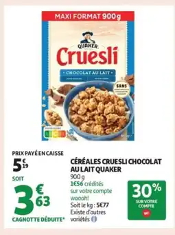 Auchan Supermarché QUAKER Céréales cruesli chocolat au lait offre