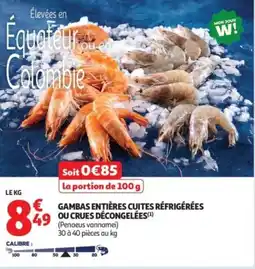 Auchan Supermarché Gambas entières cuites réfrigérées ou crues décongelées offre