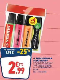 Bureau Vallée STABILO 4 surligneurs fluo boss offre