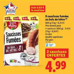 Lidl SAINT ALBY 8 saucisses fumées au bois de hêtre offre