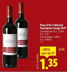 Lidl Chevalier De Fauvert Pays d’oc cabernet cabernet sauvignon IGP offre