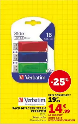 Super U Pack de 3 cles usb 2.0 verbatim offre