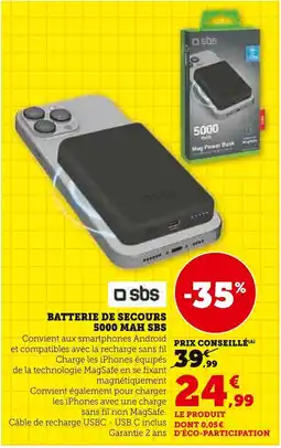 Super U Batterie de secours 5000 mah sbs offre