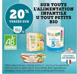 Super U U Tout Petits Bio 20% VERSÉS SUR MA CARTE U SUR TOUTE L'ALIMENTATION INFANTILE U TOUT PETITS BIO offre