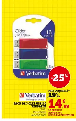 Super U Verbatim Pack de 3 clés USB 2.0 offre