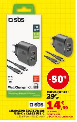 Super U SBS Chargeur secteur USB-C + câble USB-C offre